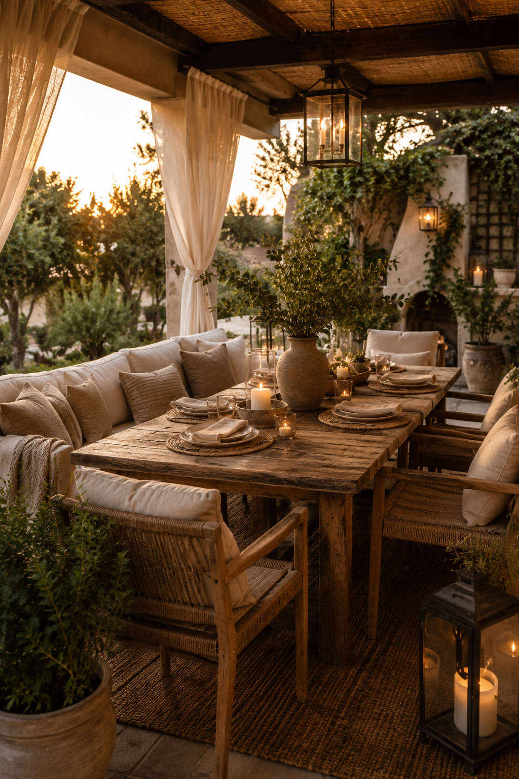 Beautifully styled outdoor patio setting, large rustic wood burning fireplace, wood dining, comfortable seating, lush gr
