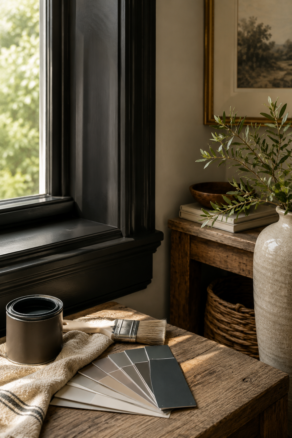 Stylish image of a selection of paint chips on an antique style wood table and neutral textured accents with soft lighti