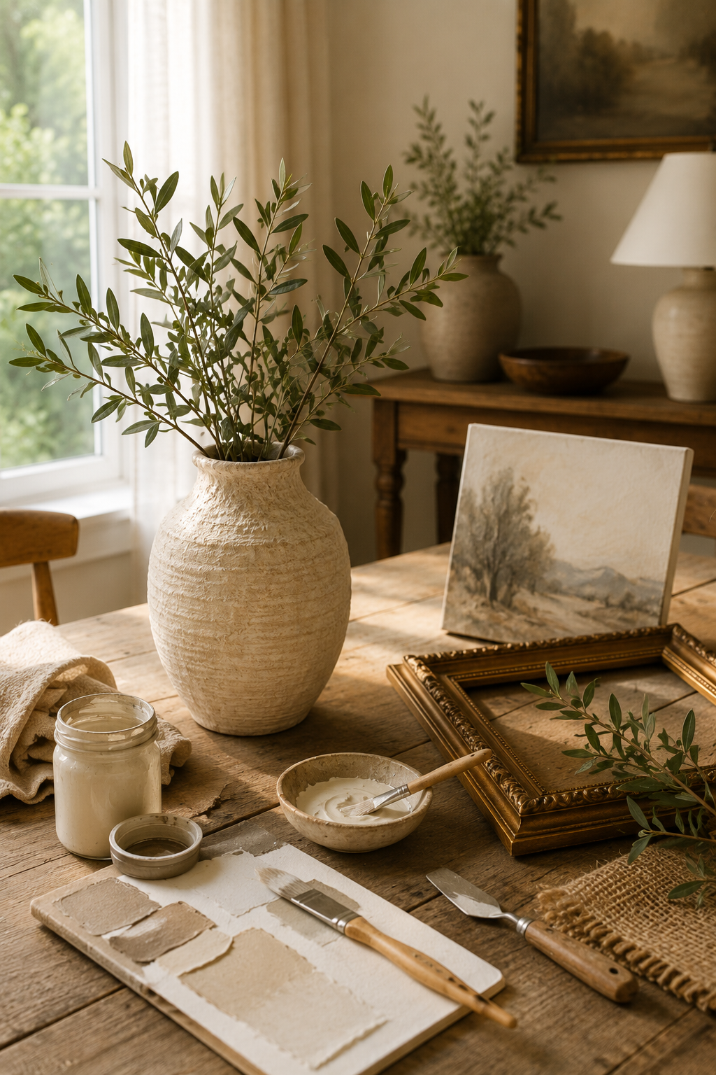 Neutral dining room with wood dining table, DIY paint project set up, ceramic vase, greenery, and warm natural light.