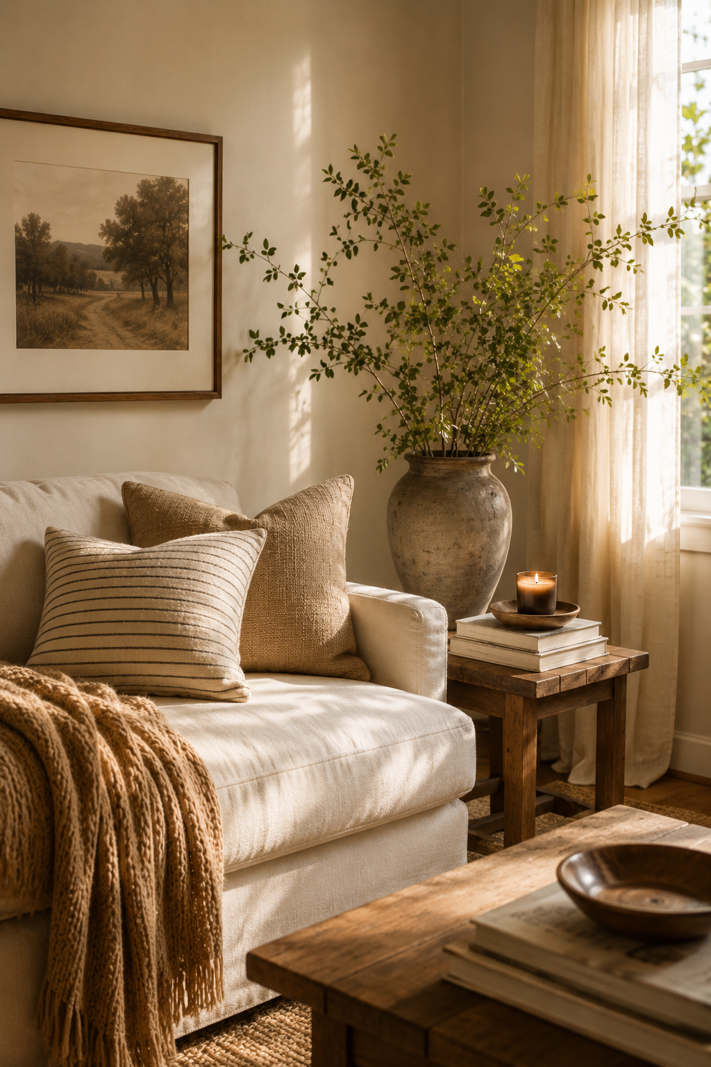 Neutral living room with layered pillows, woven textures, wood coffee table, ceramic vase, greenery, and warm natural li