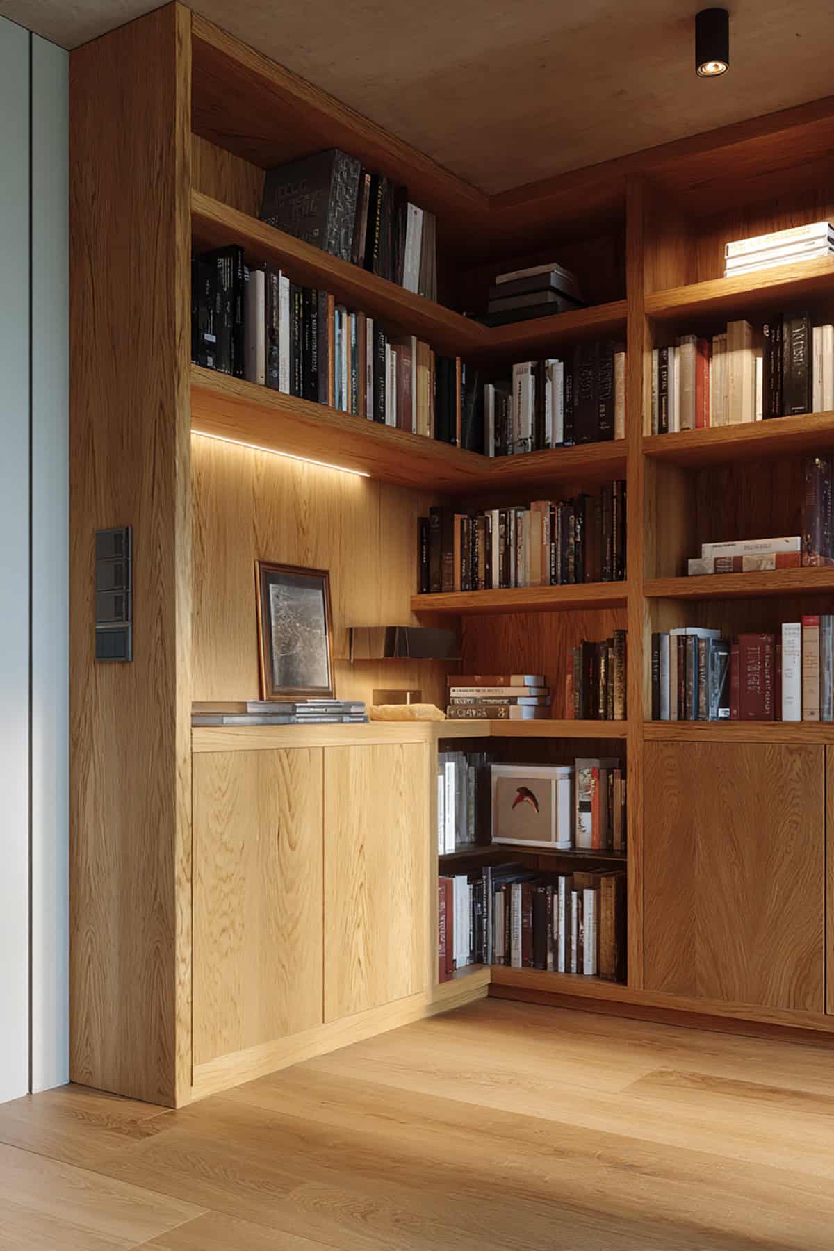 Corner Bookshelf with Hidden Storage