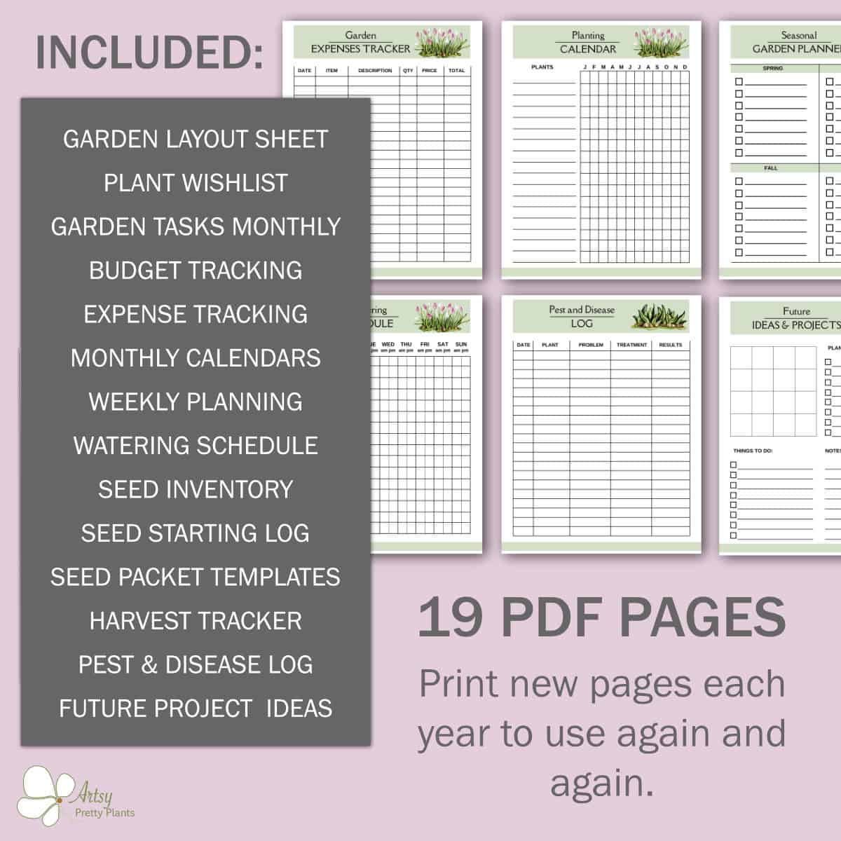 Collection of garden planning sheets including calendar, wishlist, and task lists.