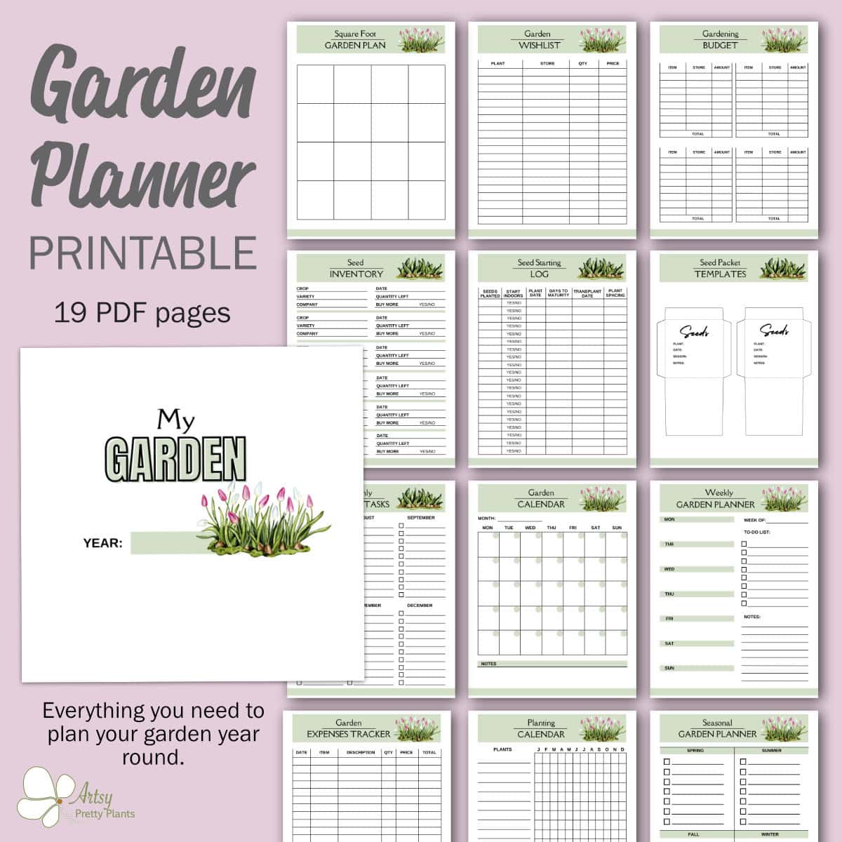 Printable garden planner pages for planting, budgeting, and tracking garden progress.