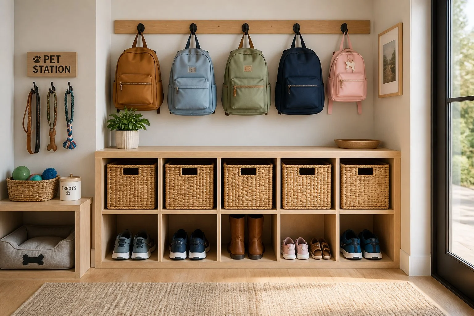 Organized entryway with hidden storage for family essentials