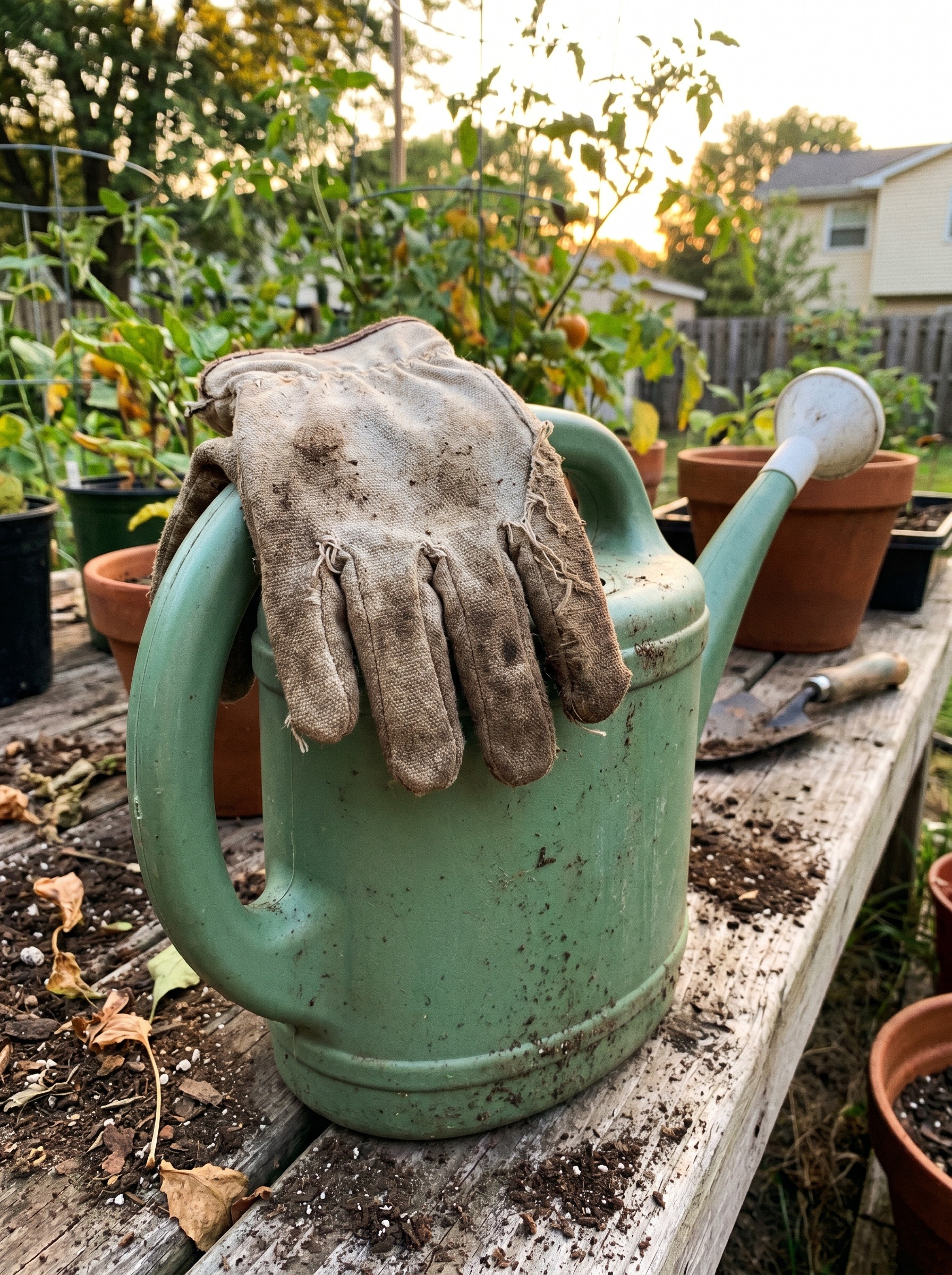 Worn gardening gloves and a watering can sitting in a real home garden bed during evening maintenance.