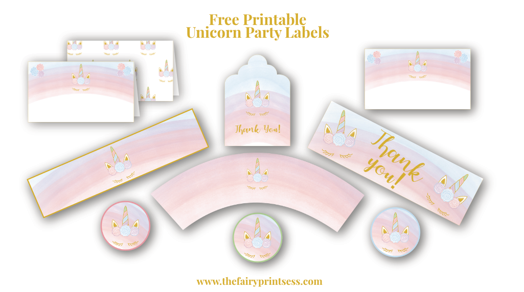 Free Printable Unicorn Party Labels, tent cards, place cards, cupcake wrappers, decorative circles,thank you tags, and f