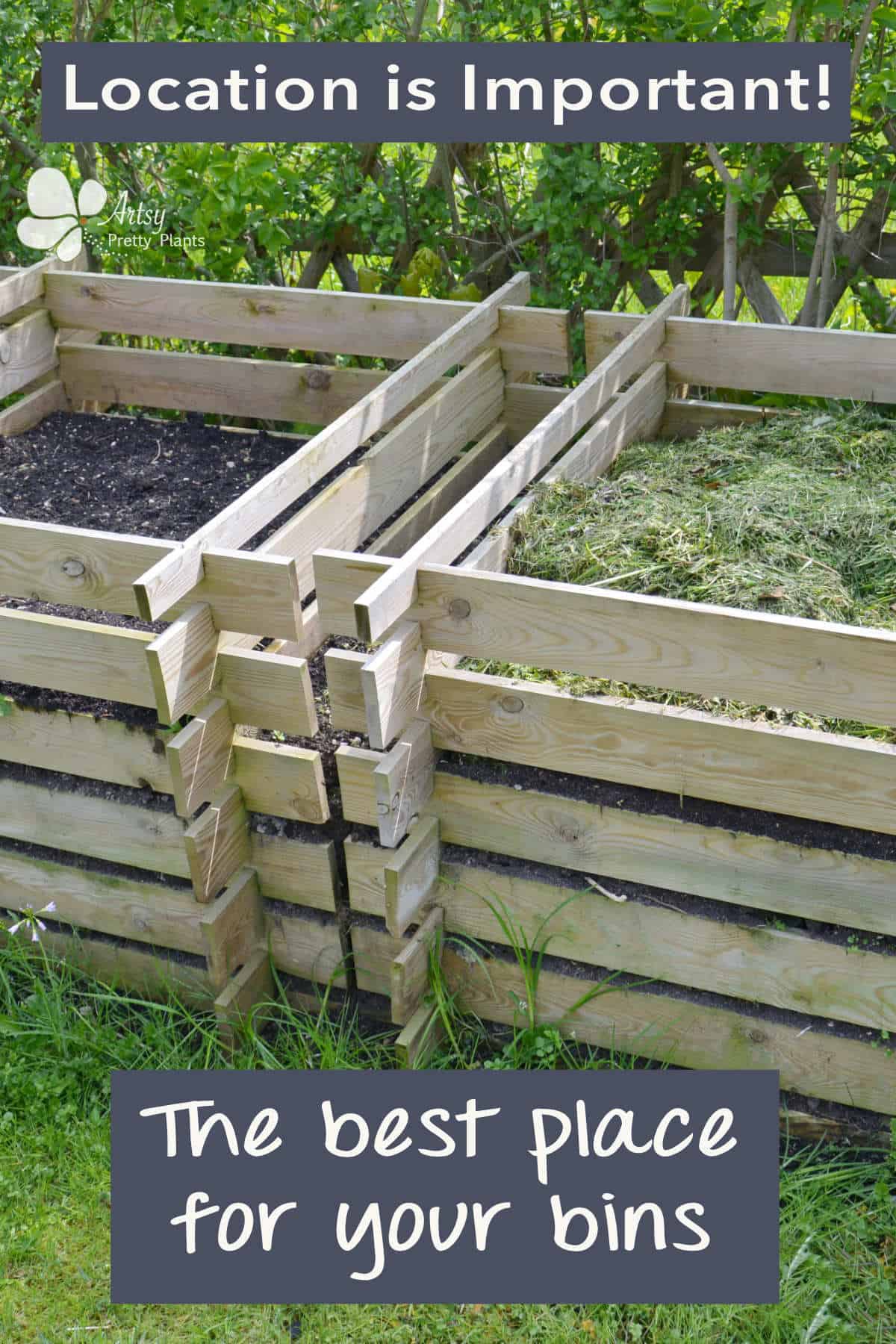 Text says, "location is important- the best place for your compost bins". Compost bins located in an ideal loc
