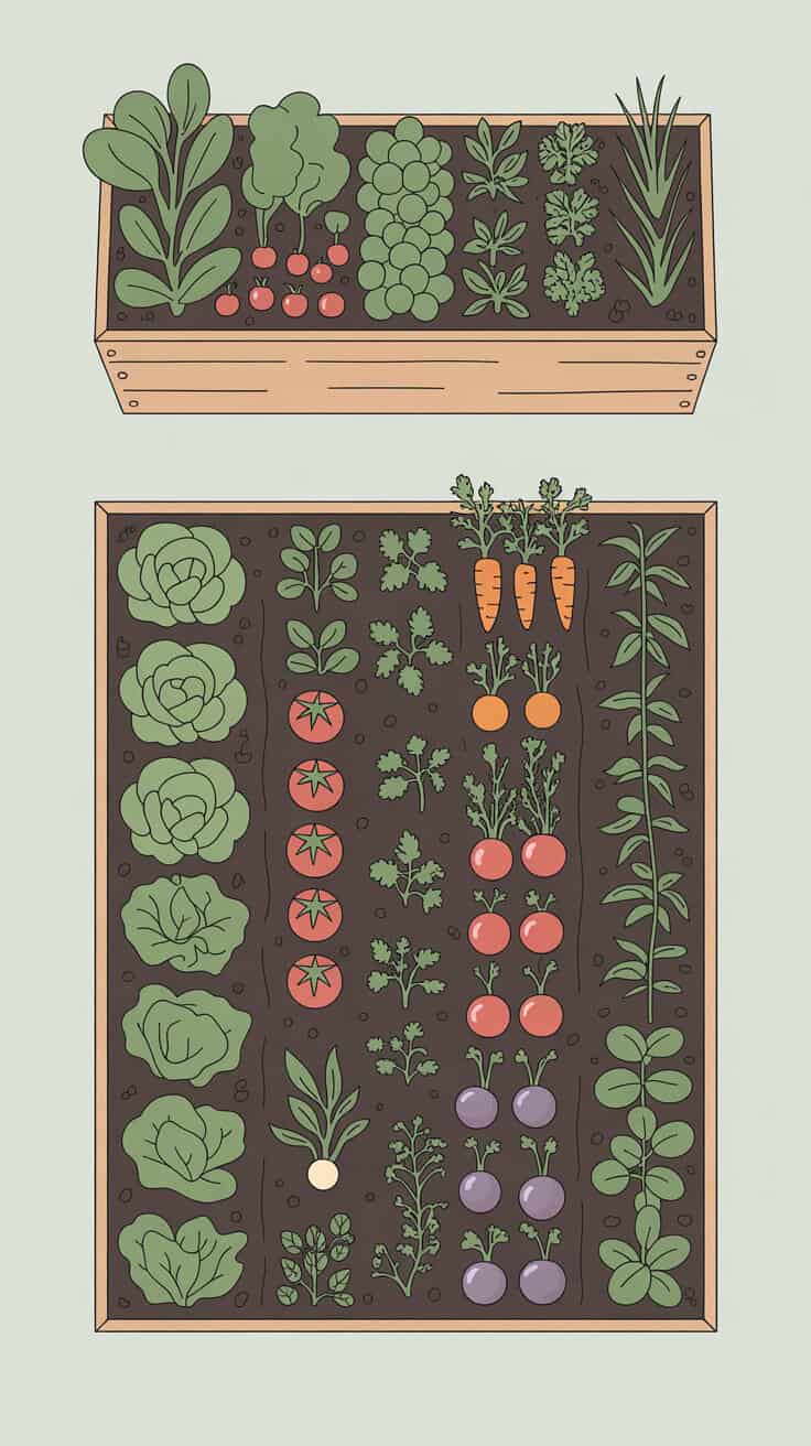 Colorful illustration of a vegetable garden with lettuce, tomatoes, carrots, and eggplants.