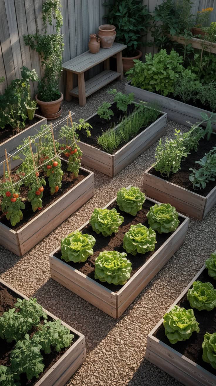 A thriving vegetable garden with fresh lettuce, tomatoes, herbs, and greens in wooden raised beds.