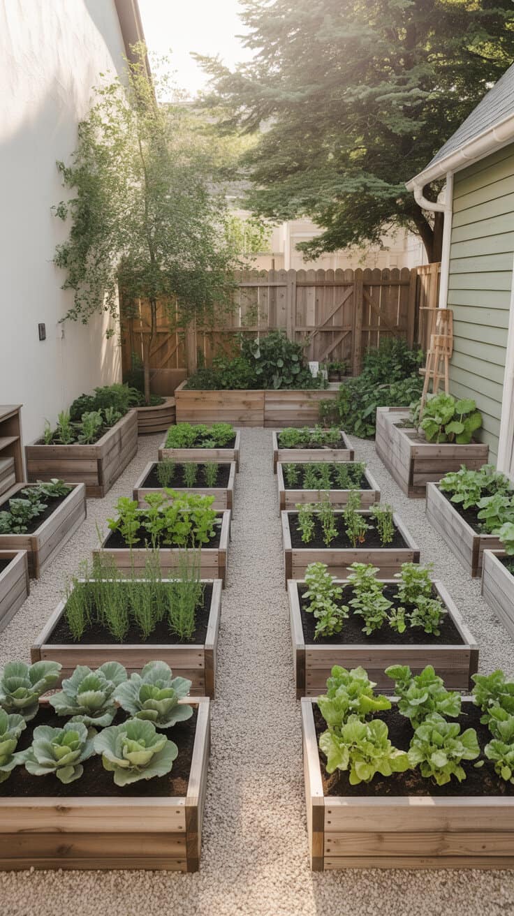 Urban vegetable garden with lush greens.
