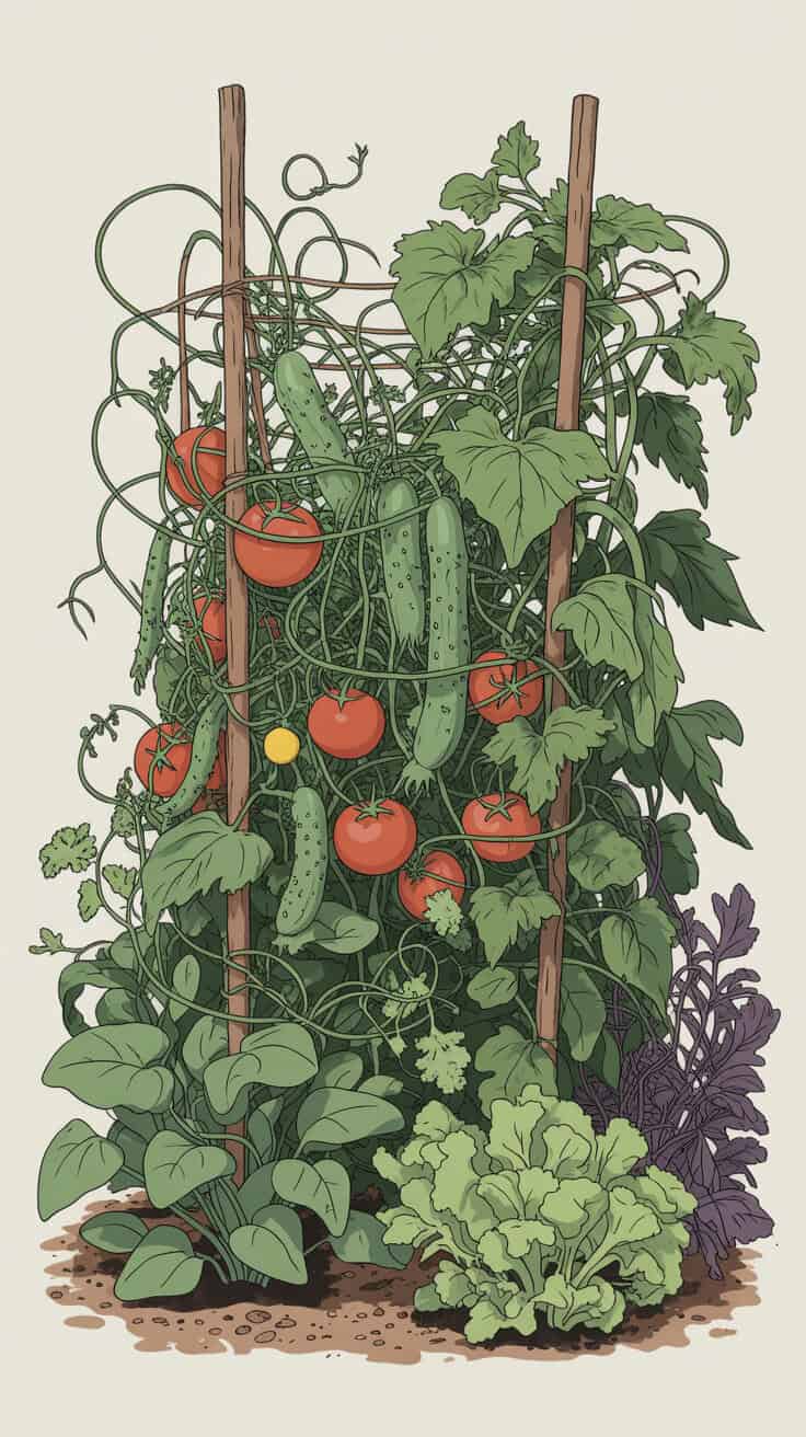 Tomato, cucumber, lettuce, leafy greens, vegetable gardening, trellis support.