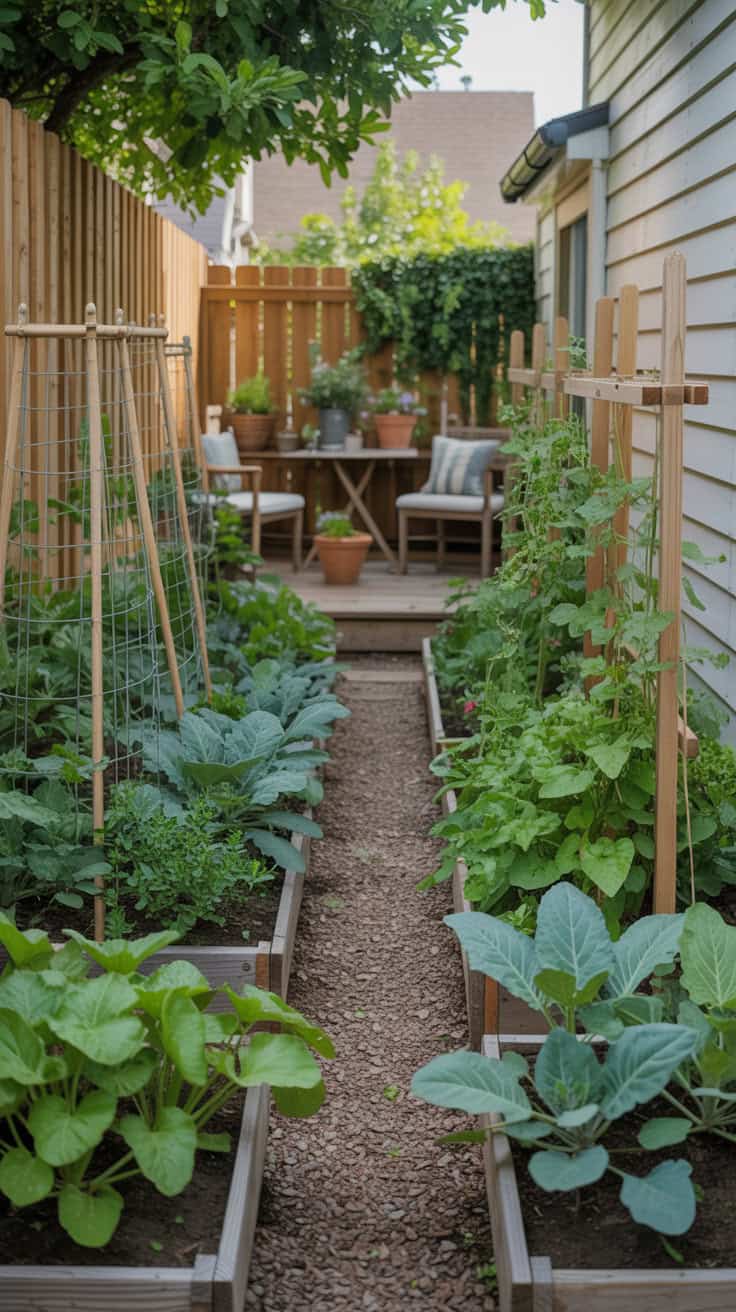 Lush vegetable garden with cozy outdoor seating area for farm-fresh relaxation.