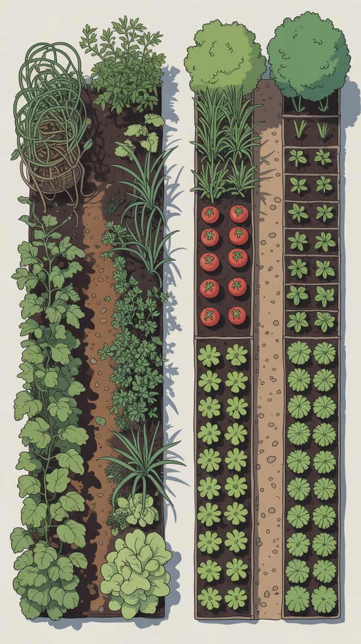 Close-up of organized vegetable garden beds with tomatoes, lettuce, and herbs growing healthily.