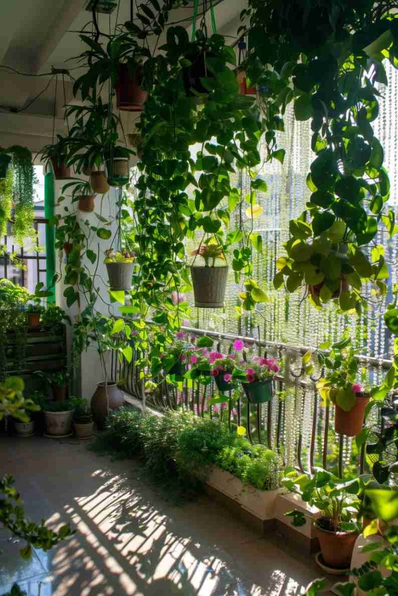 A balcony filled with various hanging and potted plants, including leafy vines and colorful flowers, with sunlight strea