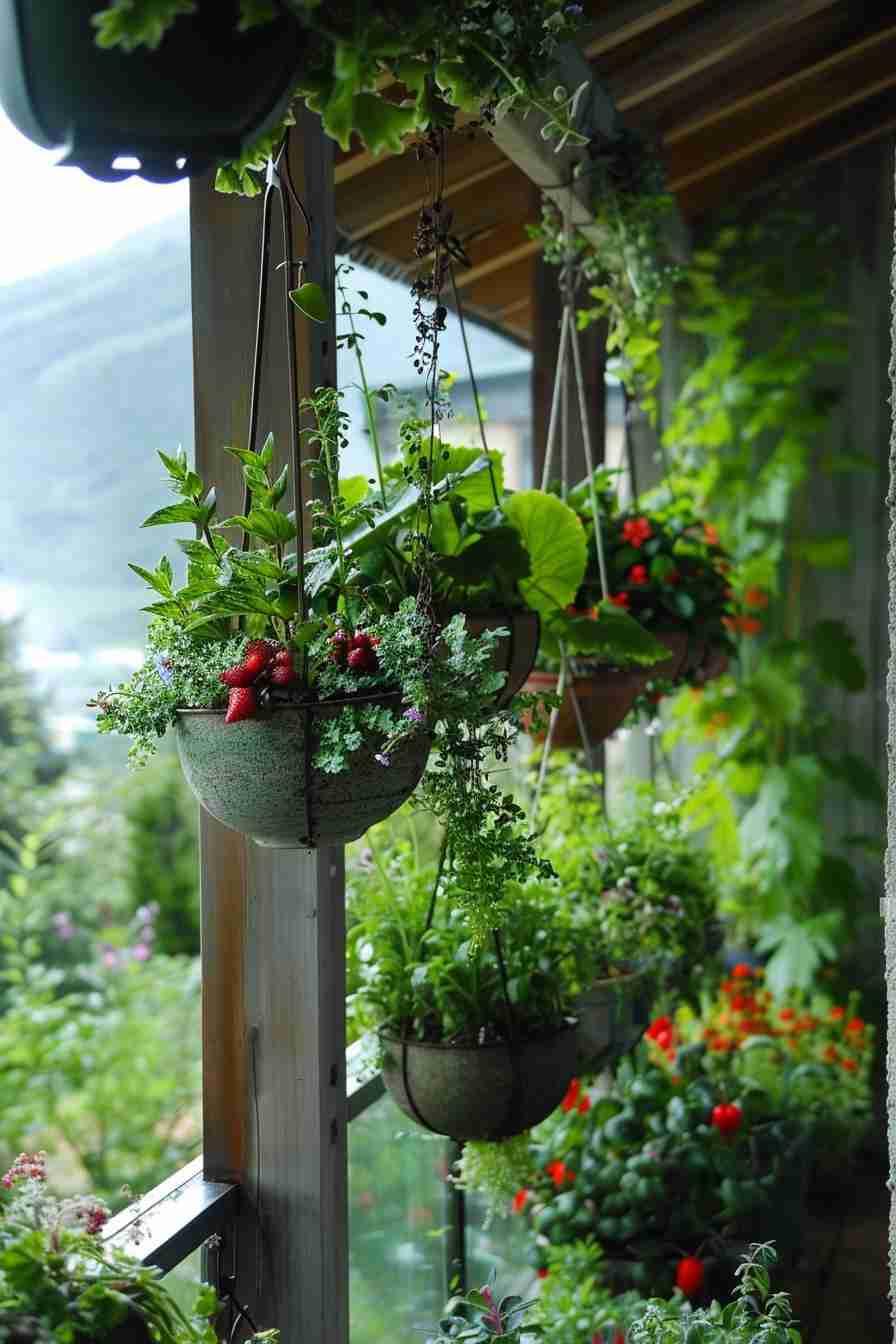 Hanging planters with lush green foliage and red flowers adorn a covered balcony, with a mountainous landscape visible i