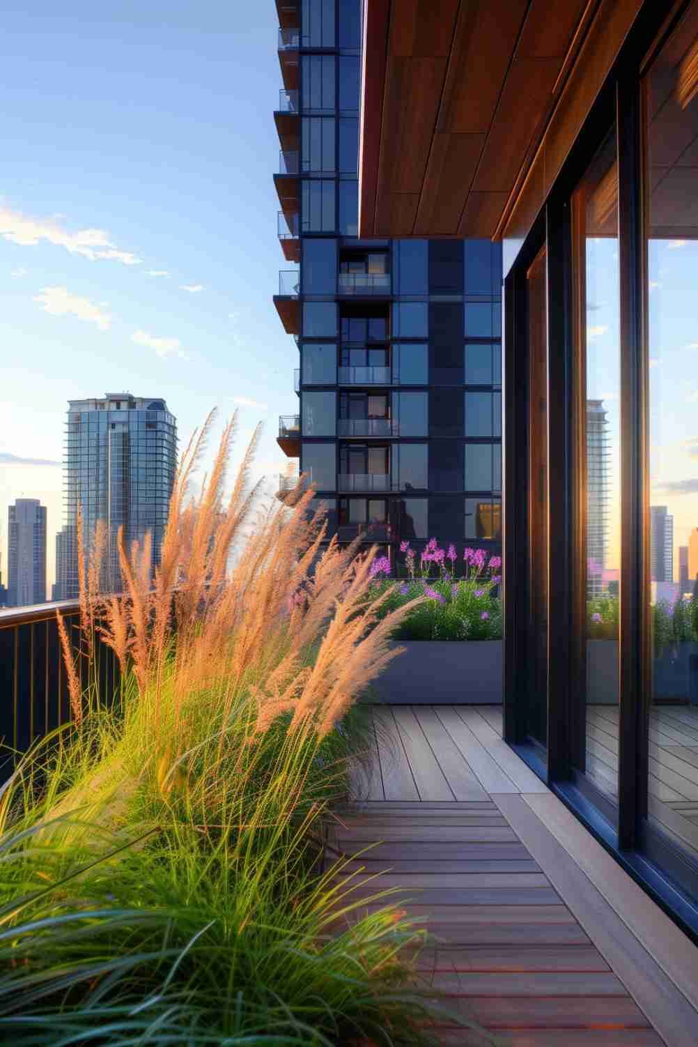Modern balcony with wooden flooring, ornamental grasses, and blooming flowers overlooking high-rise buildings at sunset.