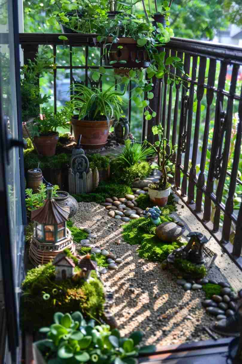 A small balcony decorated with various potted plants, moss, stones, and miniature garden ornaments, including a small re