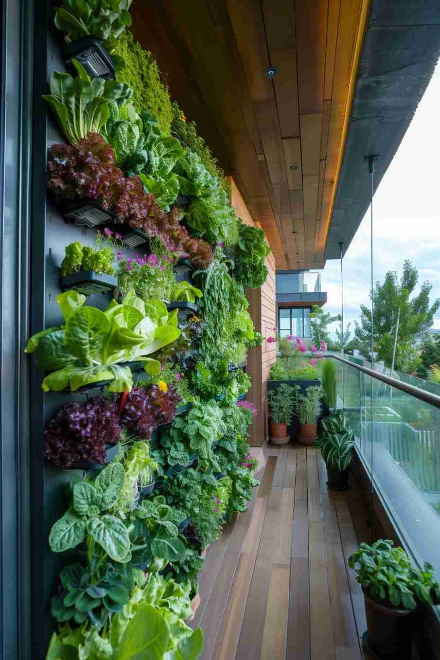 A balcony with a vertical garden on the wall, featuring a variety of green plants and flowers. There are potted plants o