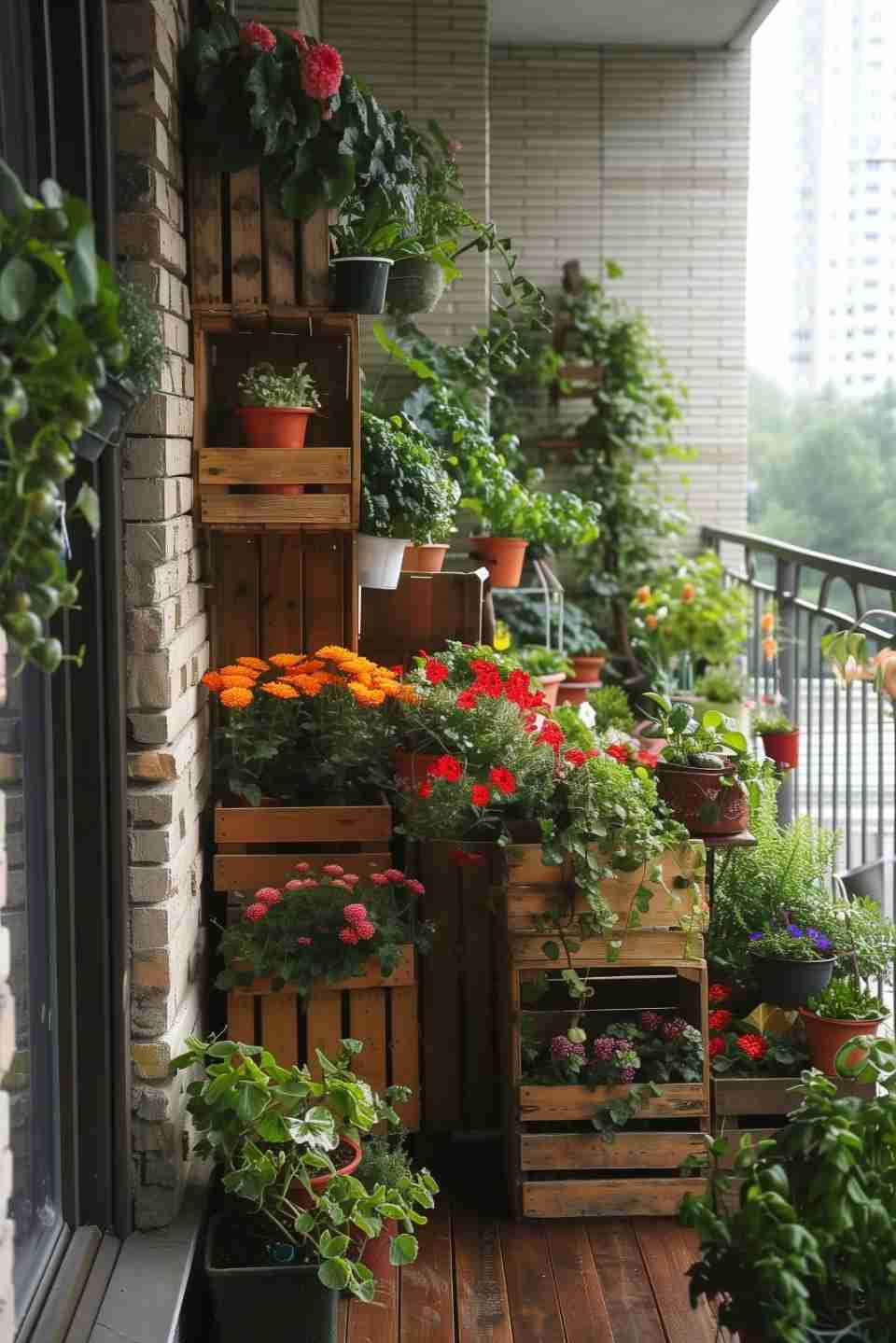 A small balcony filled with various potted plants and flowers, including marigolds and geraniums, arranged on wooden cra