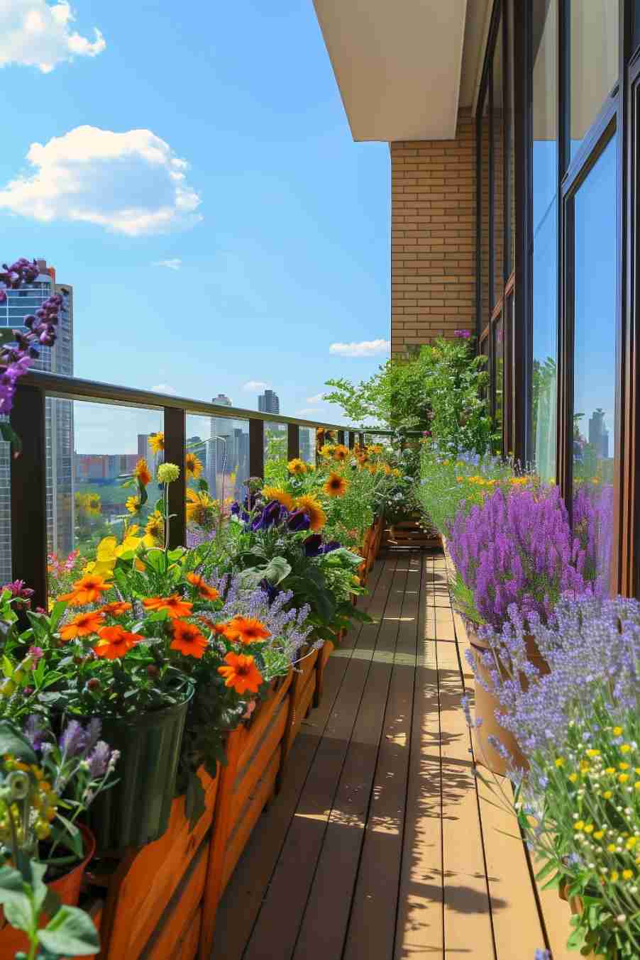 A sunny balcony lined with various colorful flowers and potted plants, overlooking a cityscape with modern buildings und