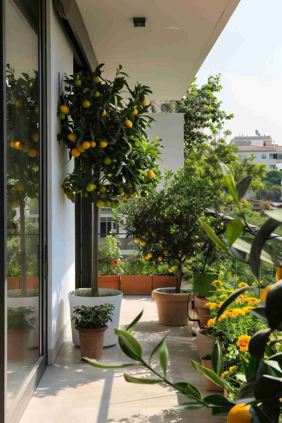 A balcony adorned with potted lemon trees and various plants, surrounded by a glass railing. Sunlight illuminates the vi