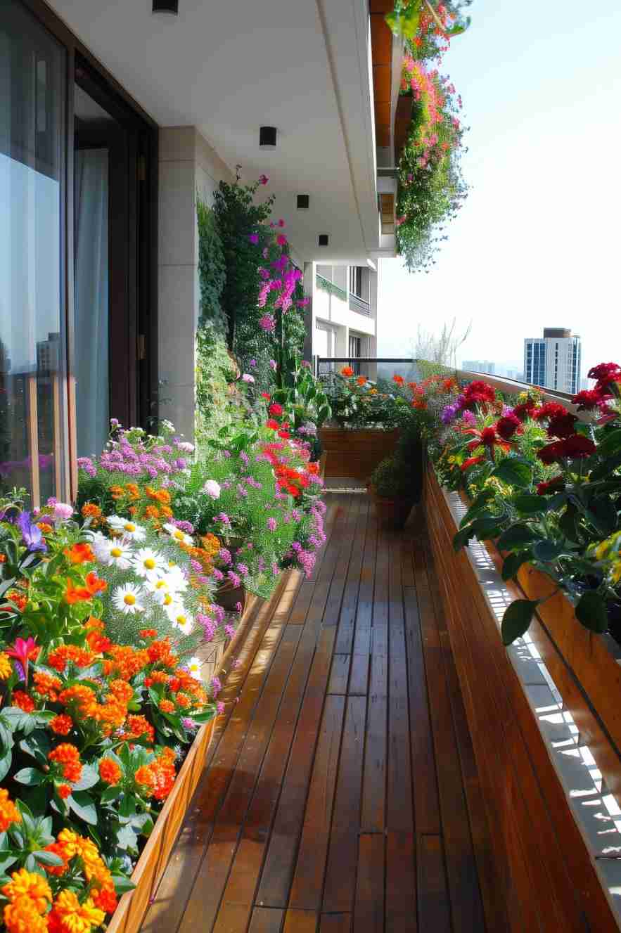 A long balcony with wooden flooring, adorned with a variety of colorful flowers in planter boxes along the railings and 