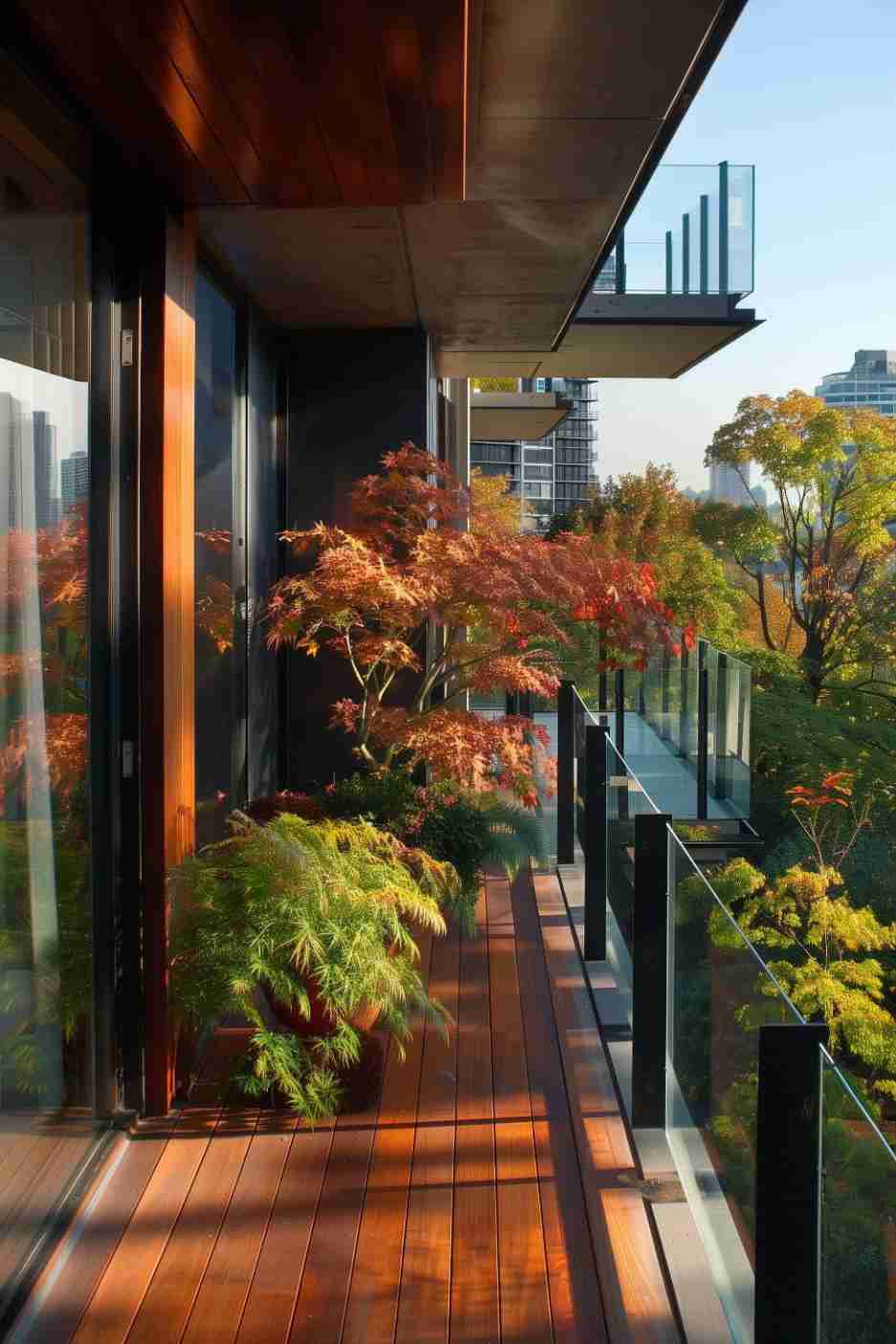 A modern apartment balcony with wooden flooring, glass railings, and potted plants, overlooking trees and city buildings