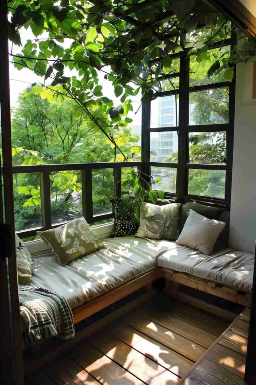 A cozy sunlit nook with a bench seat adorned with cushions and a blanket, surrounded by leafy vines and large windows of
