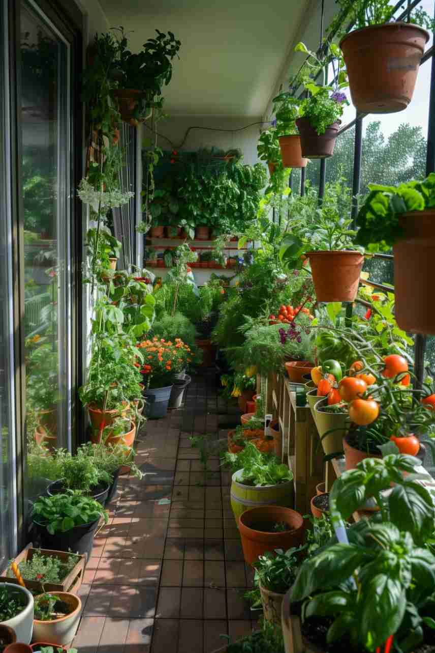 A narrow balcony with various potted plants including tomatoes, herbs, and decorative flowers. Hanging pots and shelves 