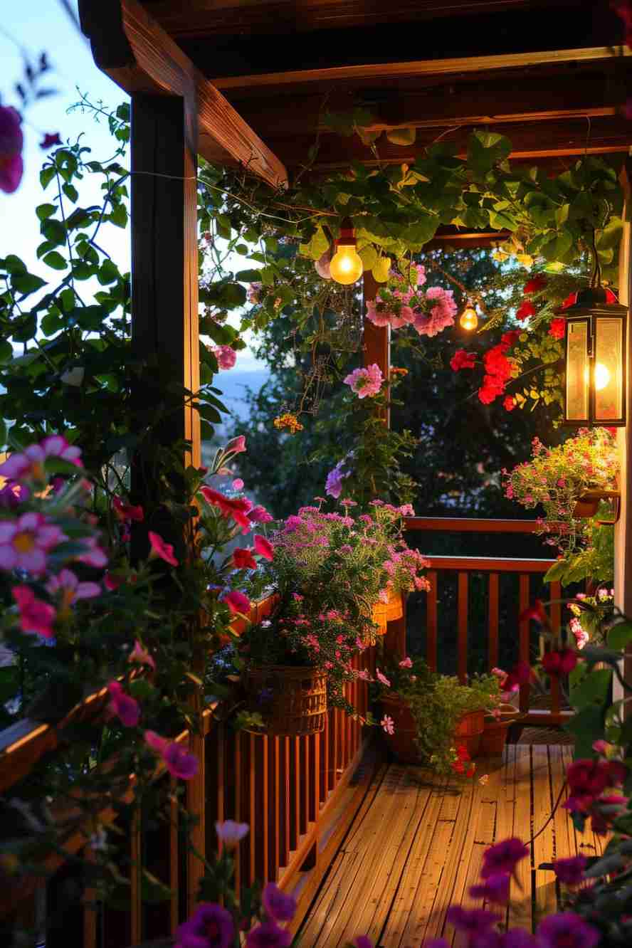 A wooden porch adorned with lush flowers and hanging lights at dusk. Lanterns provide a warm glow, enhancing the vibrant