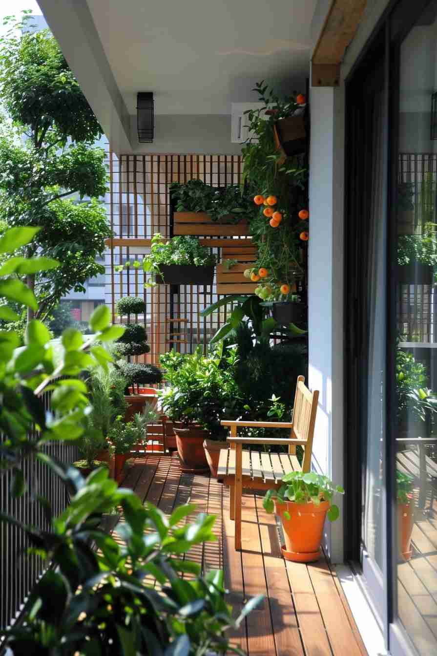 A sunny balcony with wooden flooring features potted plants, a wooden bench, and a vertical garden with hanging planters
