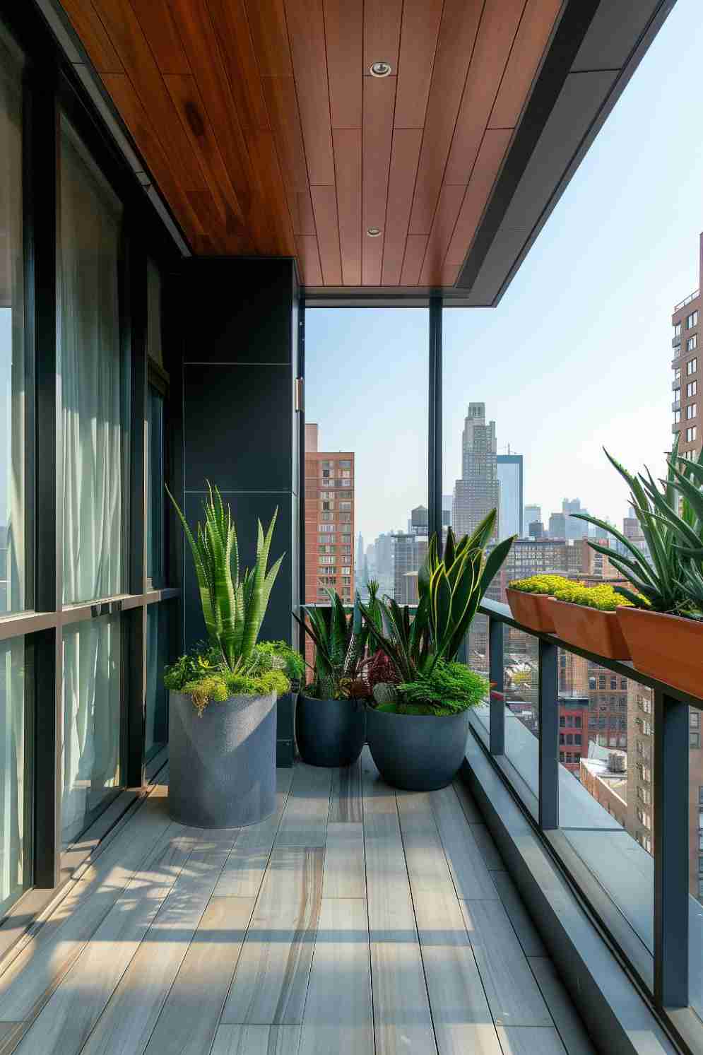 Modern balcony with a wooden ceiling, large potted plants, and a cityscape view in the background. The floor is tiled, a