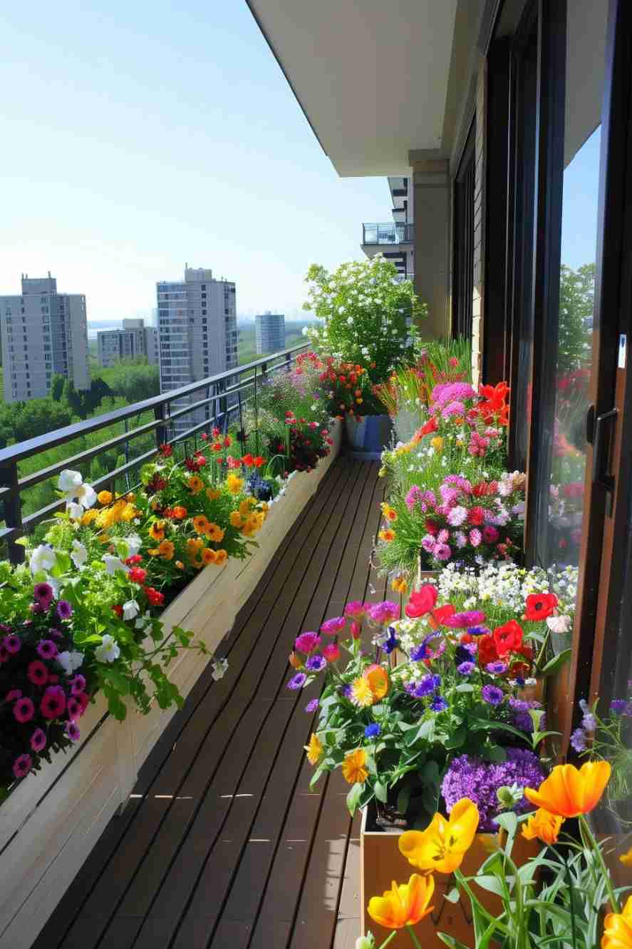 A long balcony is adorned with a variety of colorful flowers in pots and planters. City buildings are visible in the bac