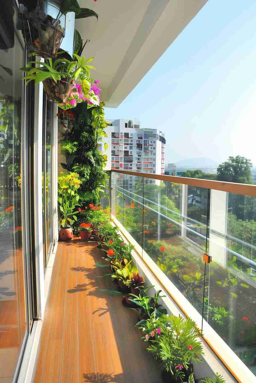 A balcony with glass railing features various potted plants and hanging flowers, with a cityscape and greenery visible i