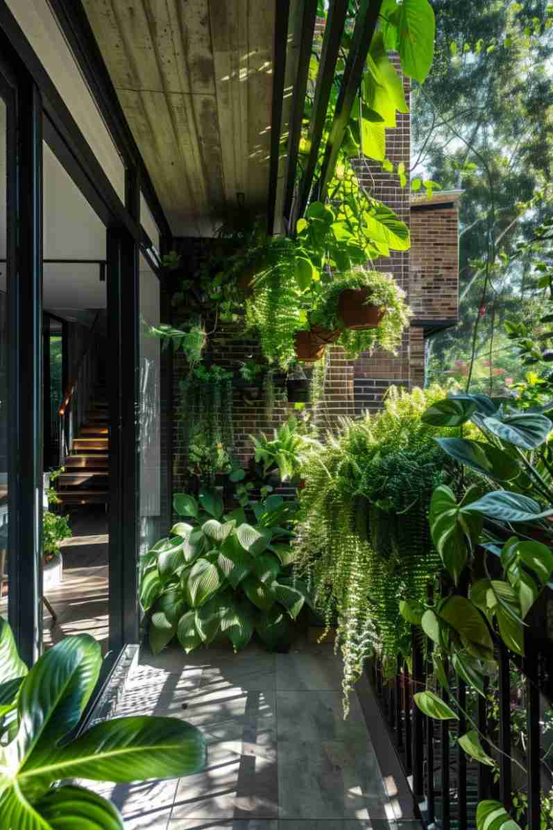 Urban balcony filled with various green plants, including hanging ferns and potted plants. Sunlight filters through the 