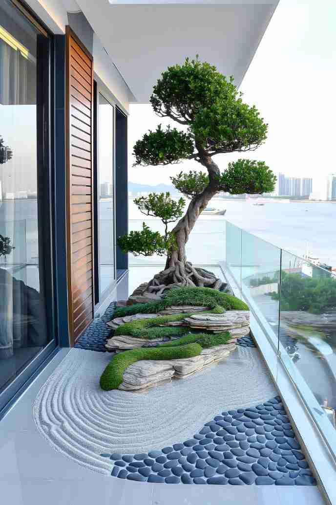 A minimalist balcony garden with a bonsai tree, layered rock formations, raked white pebbles, and a view of the ocean an