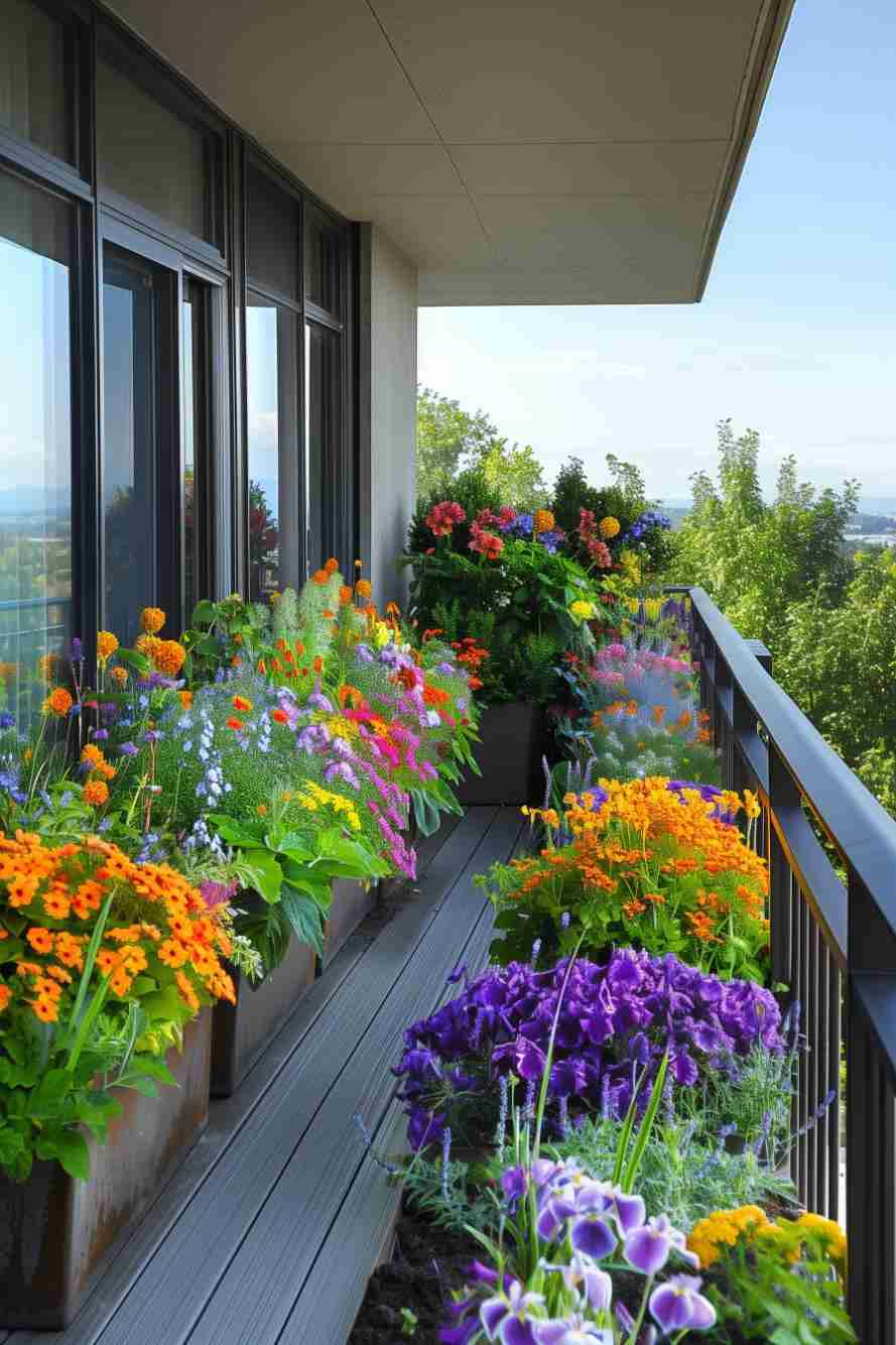 A balcony with an array of colorful, blooming flowers in planters, overlooking a green landscape with a clear blue sky.