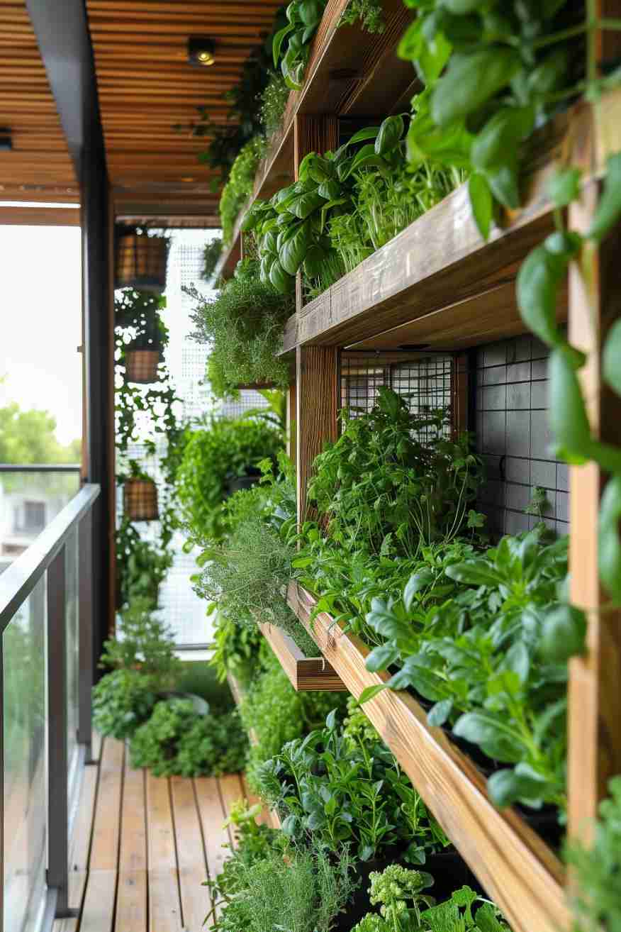 A balcony with wooden shelves filled with various green plants, featuring a glass railing and a wooden floor.