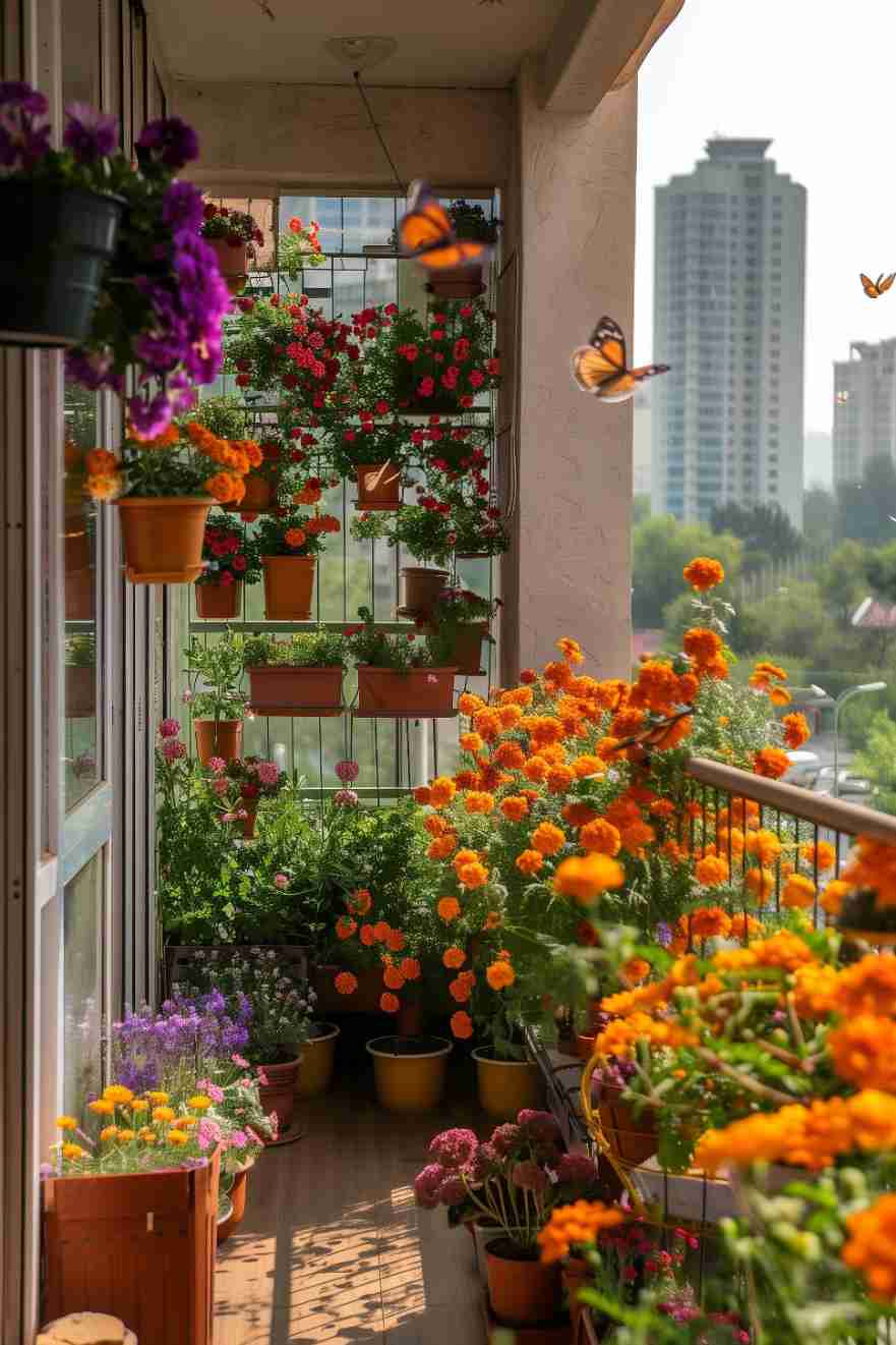 A balcony filled with vibrant flowers in pots, with butterflies flying around. Tall buildings are visible in the backgro