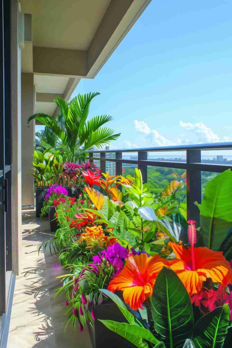A balcony garden with various colorful flowering plants and greenery, overlooking a distant cityscape under a clear blue