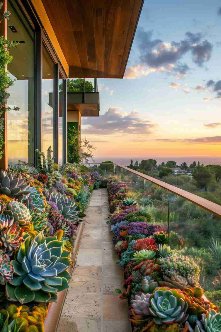A rooftop garden with various succulent plants lines a pathway next to glass railings, overlooking a scenic sunset view 