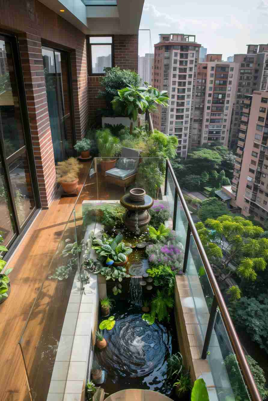 A balcony with a small pond, various potted plants, glass railing, and a view of nearby buildings and greenery.