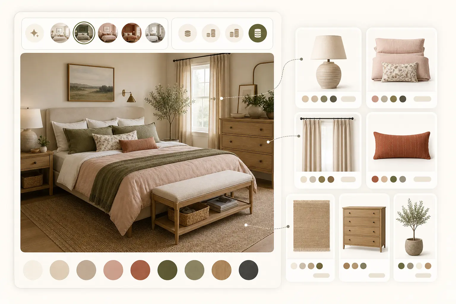 A coordinated bedroom mood board with a finished room preview and matching product picks.