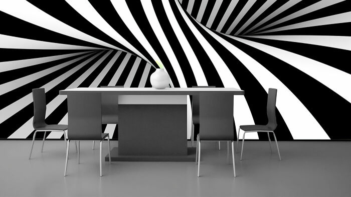 Dining room with black table and chairs featuring striking optical illusion wallpaper, showcasing inspiring dining room 