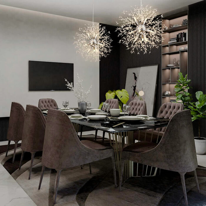 Modern dining room ideas featuring a dark table with plush chairs, elegant lighting, and stylish decor for family gather
