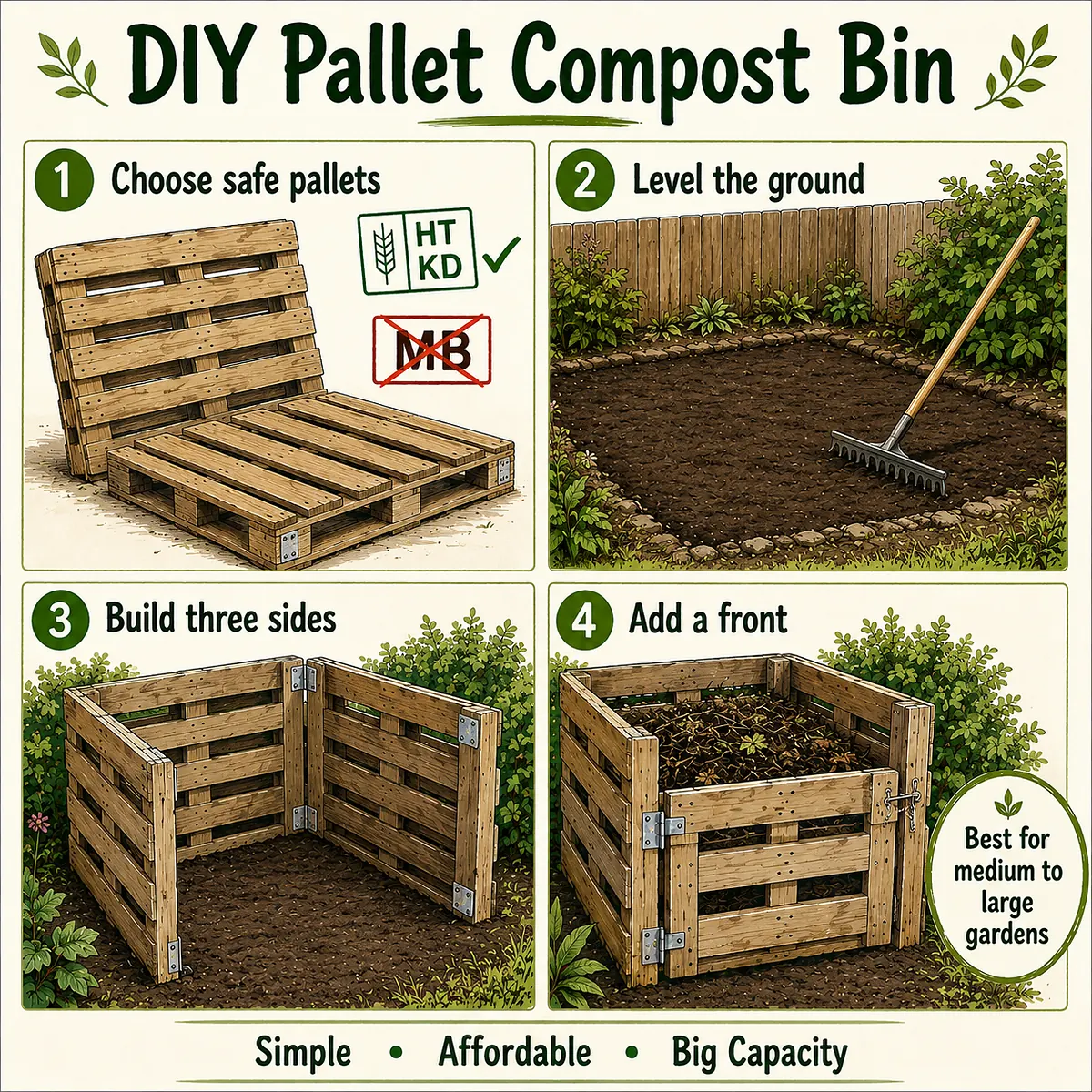 Infographic showing the basics of puttting a pallet bin together.,