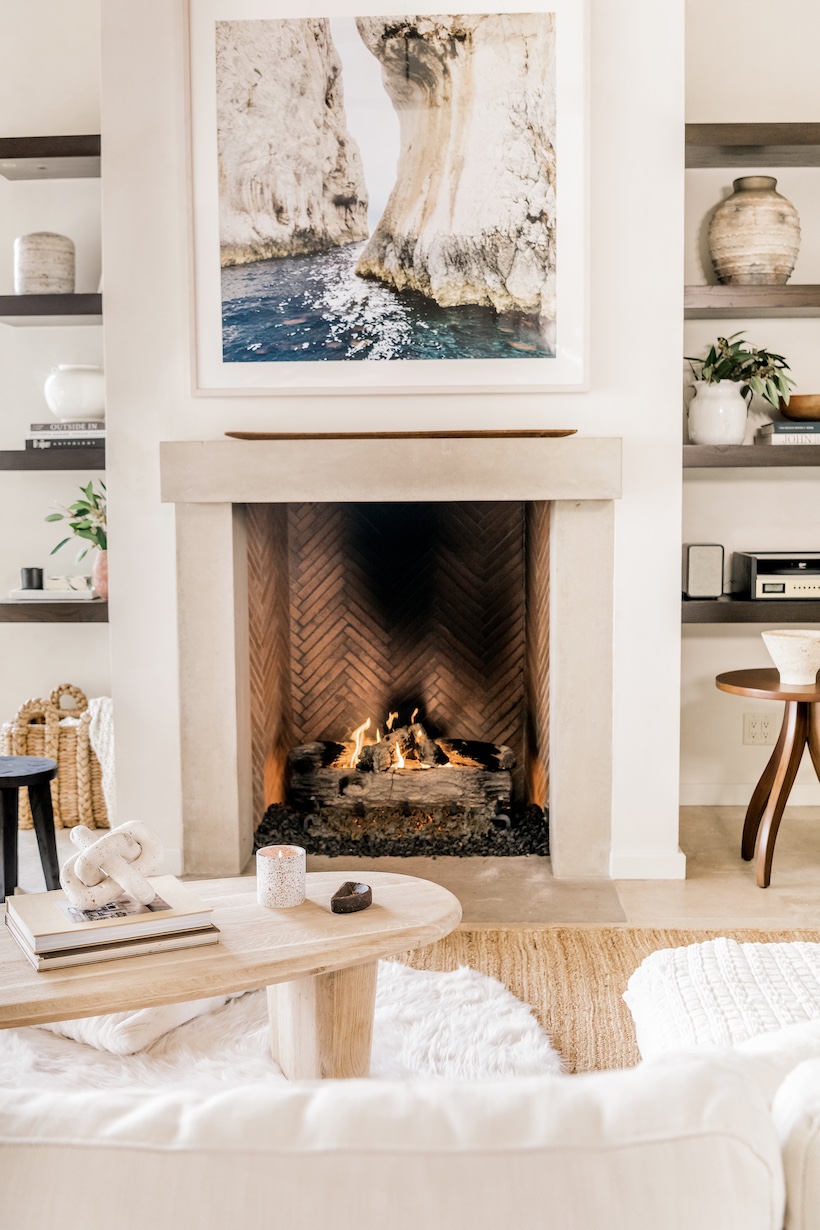 Camille Styles fireplace - neutral living room in Austin