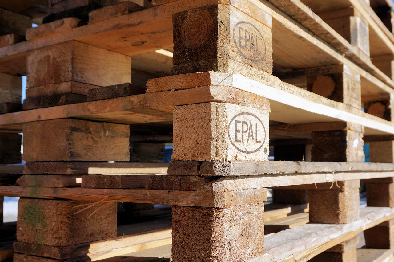 Wooden pallets in a warehouse.