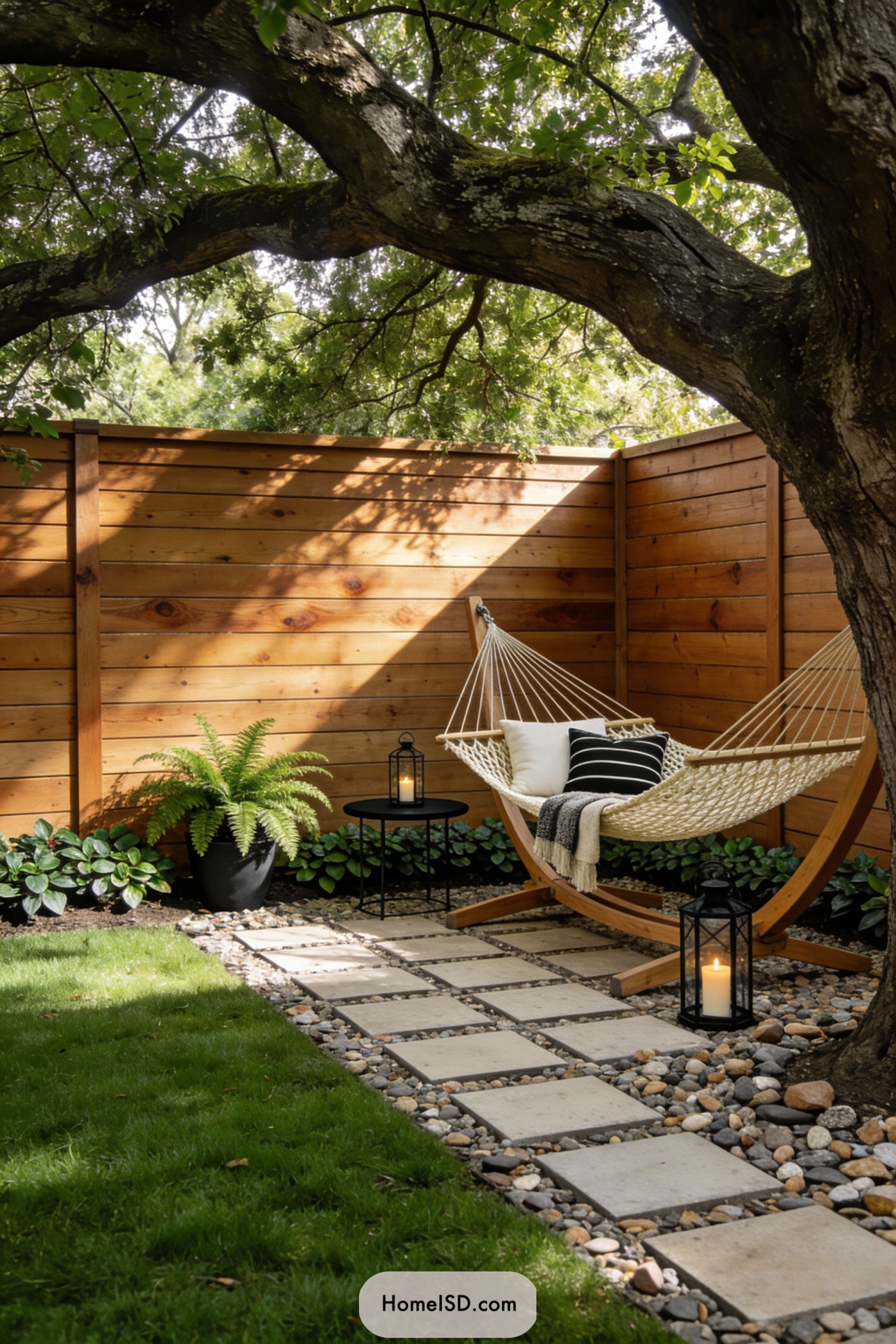 Shaded backyard corner with hammock and lanterns