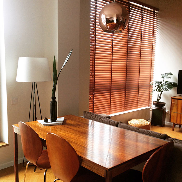 Brown mid-century modern living room corner featuring wood furniture and warm natural light for home decor ideas.
